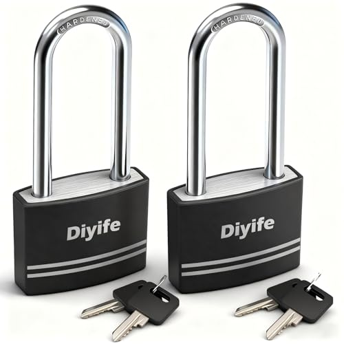 Diyife Padlock with Key, 2 Pack Long Shackle Padlock with 4 Keys 40mm Black