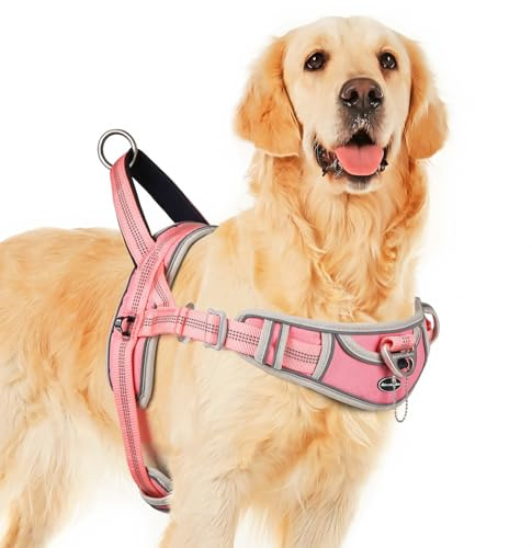 ADVENTUREMORE No Pull Large Dog Harness, Sport Dog Halter Harness Reflective Breathable Dog Vest Escape Proof Dog Harness with Easy Control Front Clip Handle for Training Walking XL Pink