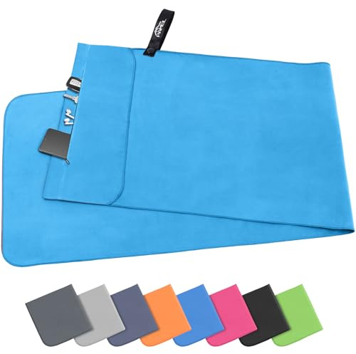 Pameil Serviette Microfibre 120 x 50 cm, Séchage Rapide & Ultra Absorbante Serviette Sport Musculation avec Poche Zippée, la Serviette de Sport et Serviette Voyage Parfaite (Bleu)