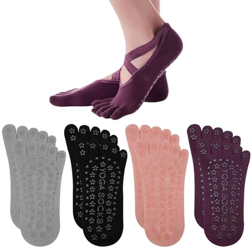 Leikedun Lot de 4 paires de chaussettes de yoga confortables à cinq doigts séparés, sangles de yoga, doigts séparés, yoga, fitness, pilates, yoga, Multicolore B, 38