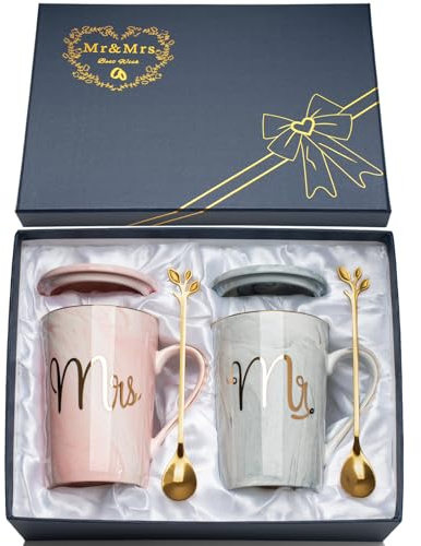 Regali per coppie, regali di nozze per sposi, 2 paia di tazze da regalo in ceramica marmo 14 oz, divertente regalo per regali di nozze, regalo di fidanzamento