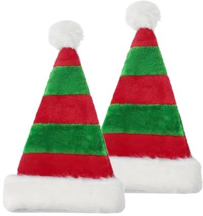 FUIPVGI 2 Pieces Christmas Hat Luxury Father Christmas Hats Plush Xmas Santa Claus Hat Holiday for Adults Unisex,Stripe Red&Green Christmas Headband for New Year Festive Christmas (2 PCS)