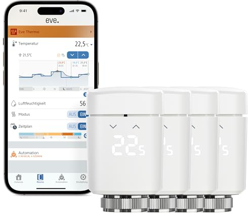 Eve Thermo (Matter) 4er Pack: Smartes Heizkörperthermostat, LED-Display mit Touch-Bedienfeld, Heizkosten sparen, Apple Home, Amazon Alexa, Samsung SmartThings, Google Home, Ben. Thread Border Router
