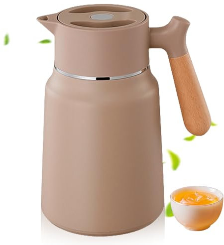 1.5L Thermoskanne, Edelstahl Isolierkanne, Kaffeekanne Thermo Doppelwandige Vakuumisolierung, Kaffeekanne Teekanne mit Holzoptik griff, Warmhaltekanne für Kaffee, Tee, Wasser, Getränk, Khaki