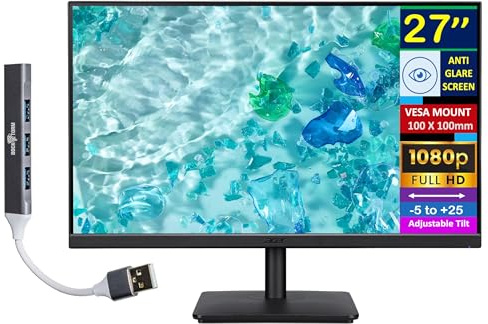 Acer 27 FHD (1920x1080) IPS Monitor for Home and Office with AMD FreeSync, 4ms RT, 100Hz Upgrade, VESA Mount, HDMI, VGA and Dockztorm USB Port Expander, (2025 Latest Model)