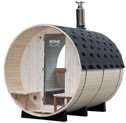Home Deluxe Sauna de Barril con Estufa de leña LAGOM Deluxe - Dimensiones: Aprox. 210 cm x 240 cm I Sauna de Barril con Estufa de leña, Comprar Sauna de Barril, Sauna de jardín, Sauna de Exterior con