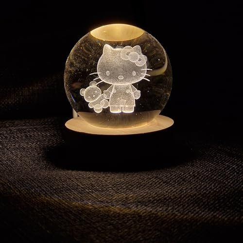 Lampada 3D LED HELLO KITTY– Sfera in Cristallo con Base in Legno Luminosa, Luce Notturna Decorativa per Cameretta e Regalo Originale (HELLO KITTY)