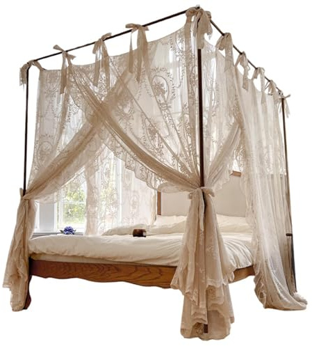 Heidouse Cauvet de lit, 4 Rideaux de lit à baldaquin d'angle, Filet Moustique en Dentelle Romantique pour Lits 1, 5 m / 4, 92 Pieds, Beige (Cadre Non Inclus), Maison