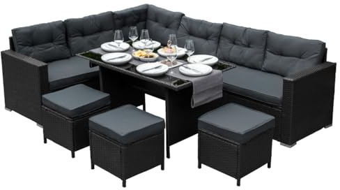 Rattan Corner Dining Set Outdoor Garden Furniture Black 9-Seater L Shape Sofa Stools Tempered Glass Table UV Protected Waterproof Grey Seat Back Cushions Patio Conservatory Lounge FREE Rain Cover