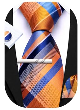 Barry.Wang Mens Ties Set Silk Striped Plaid Necktie Pocket Square Cufflinks Clip 4PCS Set Wedding Business Necktie for Formal
