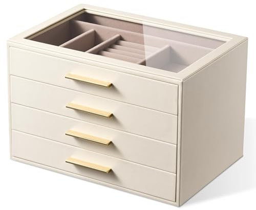 pickpiff Schmuckkästchen-Organizer: 4-stöckiges Schmuckkästchen mit Glasfenster, elfenbeinfarbenes Leder mit rosa Samt, Halterungen für Ringe, Halsketten, Armbänder und Uhren, tolles Geschenk für sie