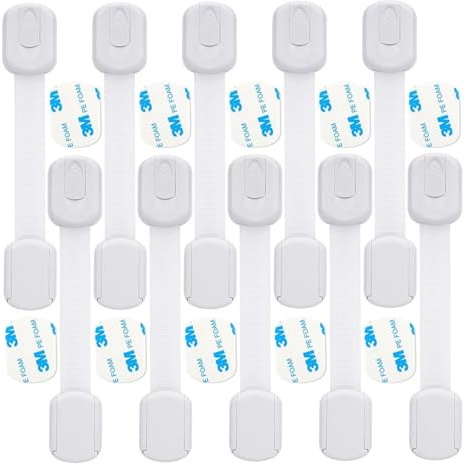 Jorxentia (10 Pack) Premium Cupboard Locks for Children - No Drilling, Adjustable Baby Proof Cupboard Locks with Extra Strong Adhesive, Safety Clips for Kitchen Cupboards & Cabinets Children Proofing