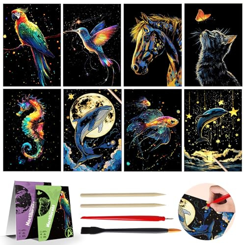 Cosysparks Scratch Art for Kids Adults, 8 Pcs Glow in The Dark Animal Scratch Art Paper Creative Scratch Painting Kits with 4 Pcs Tools