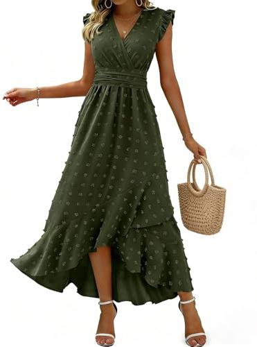 HUXRAKV Summer Wrap Dresses for Women UK Ladies V Neck Ruffle Sleeve Maxi Wedding Party Dress Ruched Waist Boho Beachdress