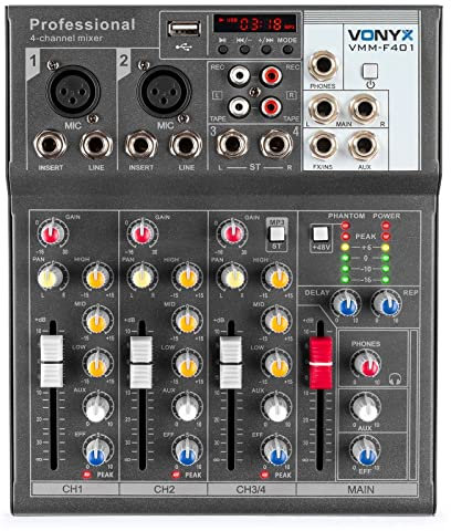 VONYX VMM-F401 Table de Mixage 4 Canaux Bluetooth - Port USB, 2x Entrée Mic Mono, 1 x Entrée Stéréo, Sortie principale Stéréo Jack 6,35mm, Sortie Casque, pour Application Studio ou sur Scène