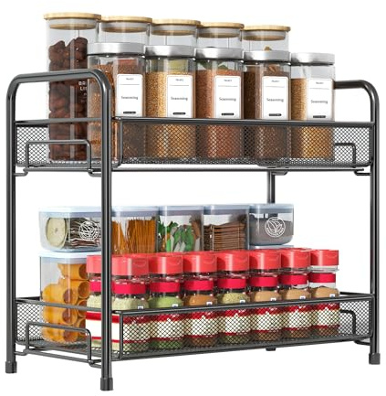 Spice Rack Organizer for Countertop,Xpatee 2-Tier Foldable Metal Rust-Proof Standing Large Seasoning Storage Shelf with Guardrail and Mesh Design for Kitchen Cabinet Bathroom Living Room Pantry, Black