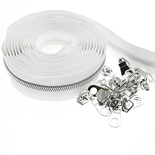 Métalliques Nylon Fermeture Éclair 9 Metres - Blanc et Argent - Comprenant 25 Curseurs - pour Couture Artisanat,Vêtements,Fait Main SHUNLI