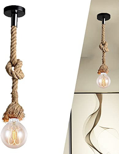 Vintage Retro Industrial Hanging Hemp Rope Way Pendant Light Lamp Retro Ceiling Fitting with E27 Holder Creative Loft Chandelier for Restaurants Living Room Bedroom Hallway Kitchen Dining Room