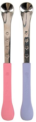 Nuby 2 in 1 Silicone and Stainless Steel Dual Ended Feeding Spoons for Baby, Purple/Pink