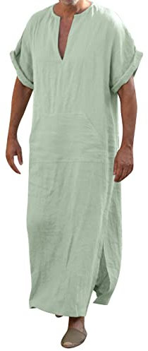 Morgenmantel Herren, Islamische mittelalter Lang Thobe Jalabiya mit Taschen Kimono Gebetskleidung V-Ausschnitt Baumwolle Kaftan Knopf Hoch Muslimische Seite Split Jilbab Arabische Kleidung