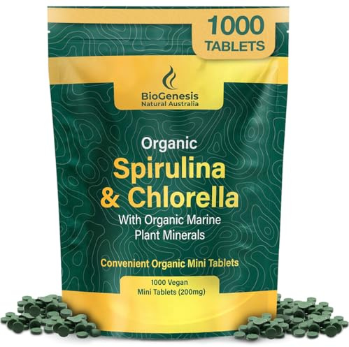 Biogenesis Organic Spirulina, Chlorella & Marine Plant Minerals – 1000 Count (200 mg) | Australian Grown Algae Superfood | Support Energy & Immunity | Vegan Mini Tablets