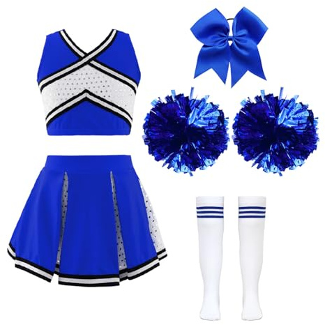 inlzdz Kids Girls Cheer Leader Costume Junior School Cheerleading Team Uniform Dance Tank Top with Pleated Skirt 5pcs Set