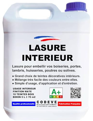 Lasure Bois Interieur - Codeve Bois/Noyer - 5 L - Intérieur - Pour La Décoration De Votre Boiserie, Lambris, Porte Ou Poutre En Bois.