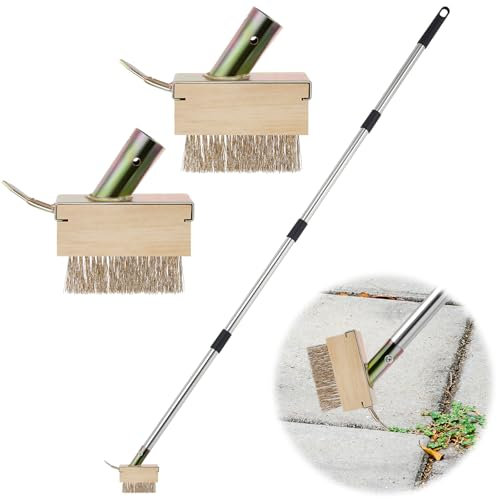 Tandefio 3-in-1 Crack Weeder with 2 Brush Heads 63 Inch Adjustable Long Handle Weeding Tool Manual Moss Weed Remover Puller Tool Brush with Metal Spike Scraper for Deck Patio Walkway Driveway Wall