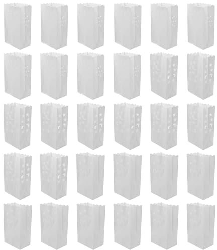 Hsthe Sea 30pcs Candle Bags, Luminary Paper Lantern Flame Resistant, Reusable,White Luminary Bags, Butterfly Star Heart Dot and Moon Designed Lantern for Wedding Valentine