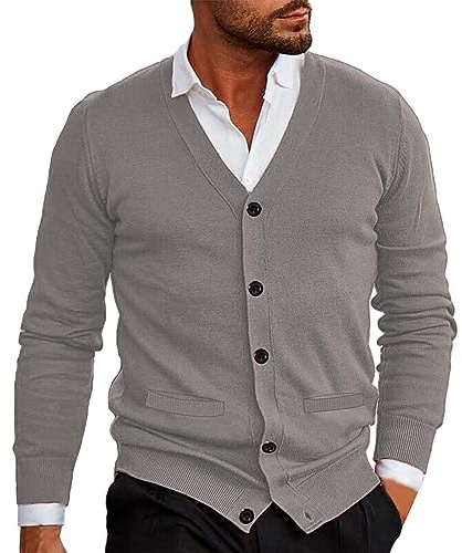 Chaqueta de punto para hombre con cuello en V, cárdigan, suéter, mangas largas, suéter de punto fino con botones, elegante, slim fit, suéter ligero y chaquetas de punto para hombre con bolsillos