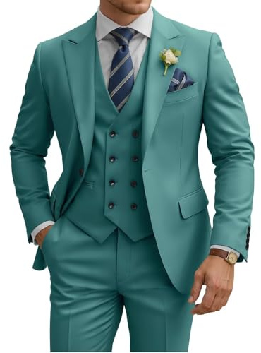 TIJOFA Mens Suit 3 Piece Slim Fit Suits for Men Double Breasted Suit Wedding Prom Suits Formal Business Dinner Tuxedo, Turquoise, L
