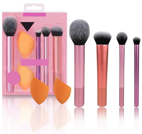 Set Pennelli Make Up,Premium Synthetic Pennelli Trucco,Pennelli Trucco 4 Set Pennelli Make up Professionali con 2 Pezzi di Spugnette per Trucco,per Fondotinta,Cipria,Fard,Ombretto