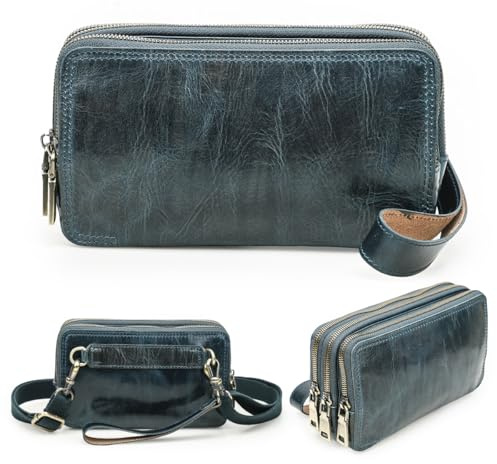 CONTACTS Borsa a mano pochette in vera pelle con cinturino da polso a 3 cerniere, borsa a tracolla piccola unisex, portafoglio pochette, borsa a tracolla per donne/uomini, Blu scuro, Small