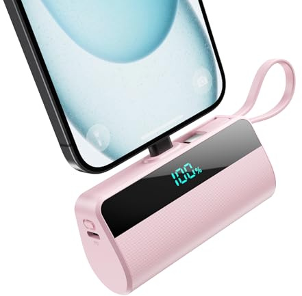 Externt batteri för iPhone, 5 500 mAh Mini Power Bank med inbyggd USB C-kabel, 20 W PD snabbladdning, bärbar LCD-skärm, bärbart batteri, kompatibelt med iPhone 16/15/14/13/12/11/X/8/7-rosa