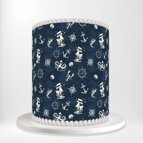 Beautiful Blue White Sailboat Anchor Compass Octopus Shells Wrap Around Print A4 Edible Paper Icing Sheet Cake Topper Side Ribbon Border Decor for Personalised Themed Decorations