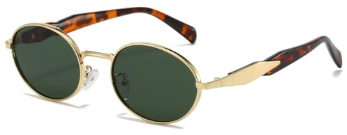 YAMEIZE Gafas de Sol Retro Ovaladas para Mujeres Hombres Gafas de Sol Redondas Pequeñas Vintage de Los 90 UV400 (Oro Verde Leopardo)