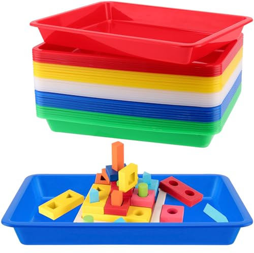 CHUENHEI 15 stycken plastbrickor rektangulär liten, 27,5 x 21 x 3 cm färgglad bricka plast rektangulära materialskålar 5 färger, serveringsbricka plast för gör-det-själv-projekt, hantverk och