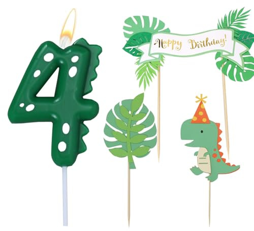 Candele Numero Compleanno, Candele Dinosauro 4 Anni, con Decorazione Torta, Decorazioni Compleanno 4 Anni