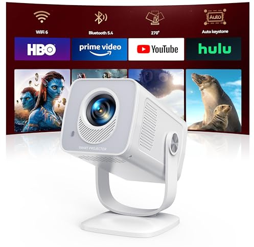 Mini Projector with WiFi6 and Two-Way Bluetooth5.4, 4K Smart 1080P Portable Outdoor Movie Proyector with Android 13 & Built-in Apps, Auto Keystone & 270° Rotation,Compatible with Phone/HDMI/TV Stick