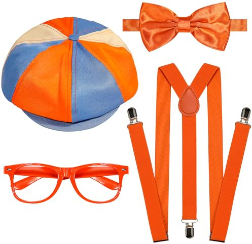 itswordpiz 4PCS Halloween Costume Accessories Set for Kids - Blue & Orange Hat, Orange Suspender, Bow-tie and Glasses for Boys Girls Themed Party Dress Up