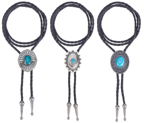 CALFOVERA 3 Estilo de Corbata de Bola de Aleación de Vaquero Occidental, Corbata Trenzada Turquesa de Cuero Sintético, Conjunto de Corbata de Bolo para Hombre, Collar de Cuerda Nativo Vintage