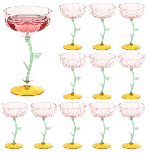 HKSZEH 12 Pcs Pink Plastic Ribbed Coupe Glasses Detachable 7oz Flower Cocktail Glasses Modern Wavy Plastic Cocktail Coupes Disposable Martini Glasses Mimosa Glassware champagne goblets (12, PInk)