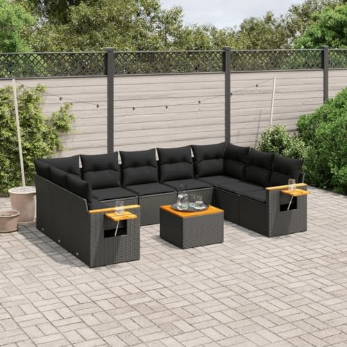 JHQHSM Set di 10 divani da giardino con cuscino in rattan nero, design modulare con rivestimenti rimovibili, piano in legno di acacia stabile e pratici ripiani pieghevoli