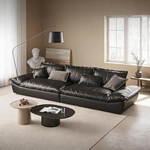 Italiensk lyxig enkel svart lädersoffa, rymlig och mjuk soffa med massiv träram, modern stor storlek, lämplig för vardagsrum/kontor/lägenhet.