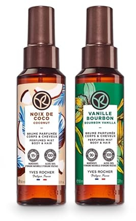 Yves Rocher Pack 2 Brumas Corporales Perfumadas BAIN DE NATURE – Vainilla Bourbon & Coco – Sensualidad Satinada para Cuerpo y Cabello – 96% Ingredientes Naturales – Veganas – Botellas Recicladas