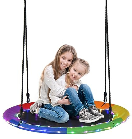 GYMAX Kids Nest Swing, 100cm Round Tree Swings with LED Lights & Height Adjustable Hanging Ropes, Children Saucer Swing for Backyard Garden, Holds Up to 300kg