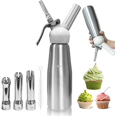 HYZYWON Sifon Cocina, para Nata Cocinar, Nata para Montar, Mousse, Pastel, Café, Postres, Sifón Cocina Nata, 500 mL, Acero Inoxidable de Grado Alimenticio, 3 Boquillas + 1 Cepillo Limpieza (A)
