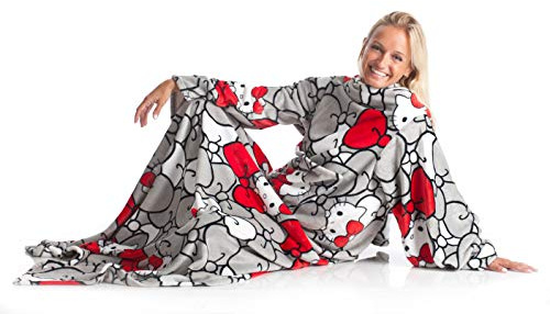 Kanguru Coperta con maniche Hello Kitty , soffice plaid in pile, Microfibra, con tasca centrale, 180x140cm, regalo donna, Hoodie per divano, letto, relax, Natale