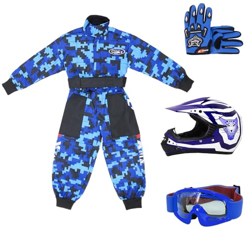 Zorax Blue CAMO XXL(12-13 Years) Kids Suit & Gloves XL(8cm) & Goggles & Zorax XL (55-56cm) ZOR-X17 Kids Children Motocross Motorbike Motorcycle Helmet Set ECE2206