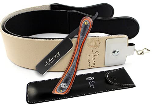 Sharpy - Cut Throat Razor Kit - Straight Razor for Men Leather Strop & Pouch Set - Hand Made Razor Genuine Leather Strap Belt